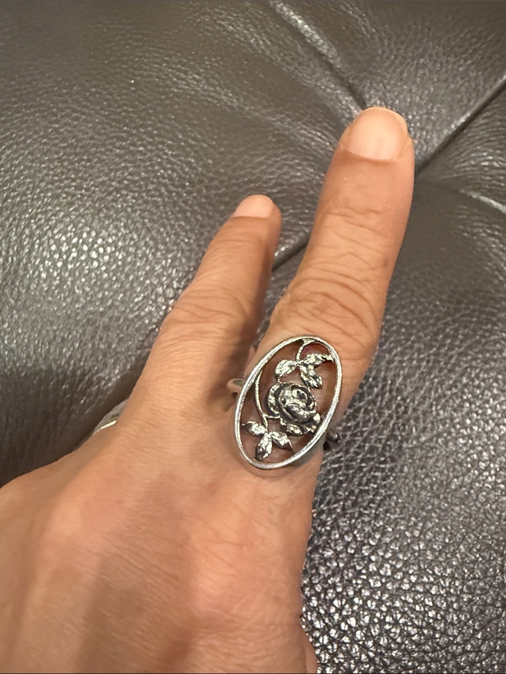 Oval Floral Silver Ring - Delicate Rose Motif